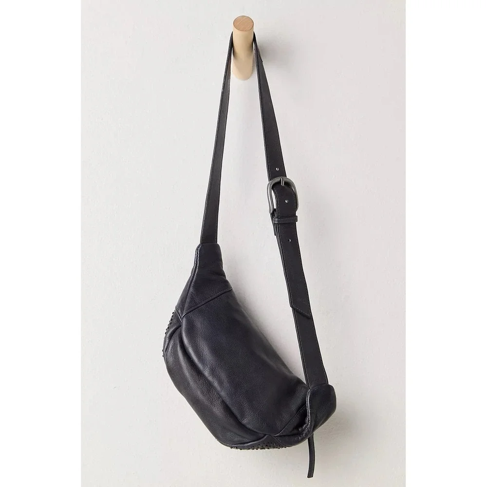 NWT!! FREE PEOPLE Black Leather Ana Adorned Sling Bag Solid Studded Embellished - Picture 16 of 16